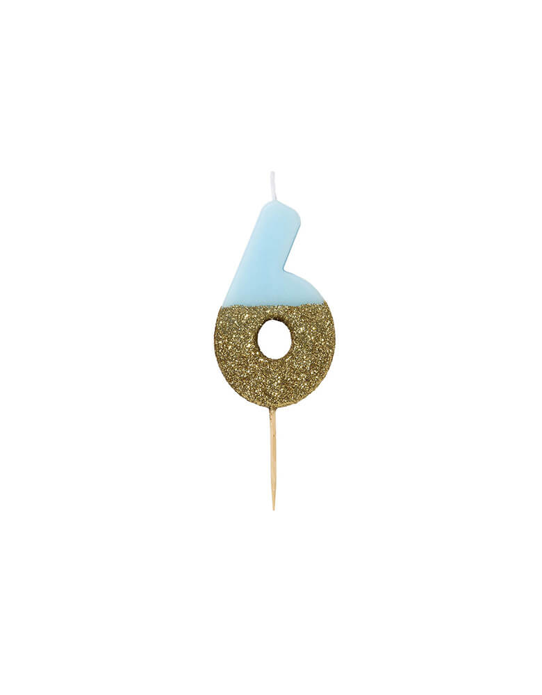 We Heart Birthday Blue Glitter Candle - Number 6 Candle in Blue and Gold Glitter