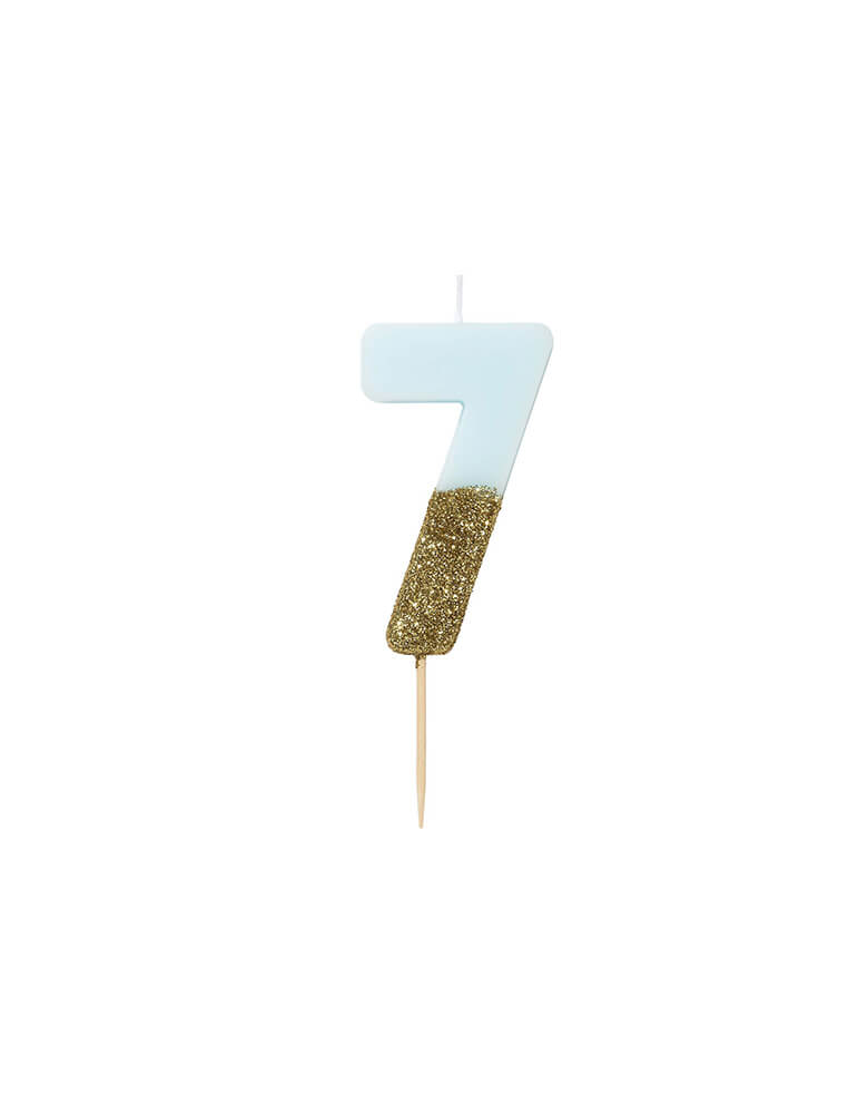 We Heart Birthday Blue Glitter Candle - Number 7 Candle in Blue and Gold Glitter