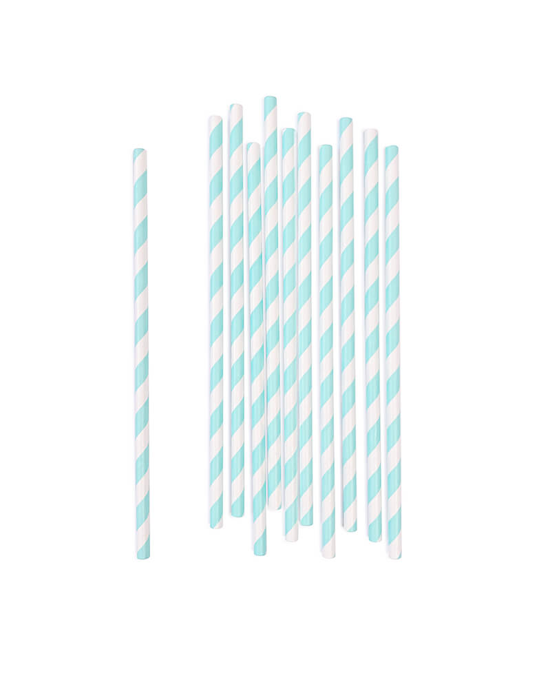 Momo Party's Baby Blue Striped Party Straws. These eco-friendly straws are made from paper. Mix and match with another pattern to create your own look!