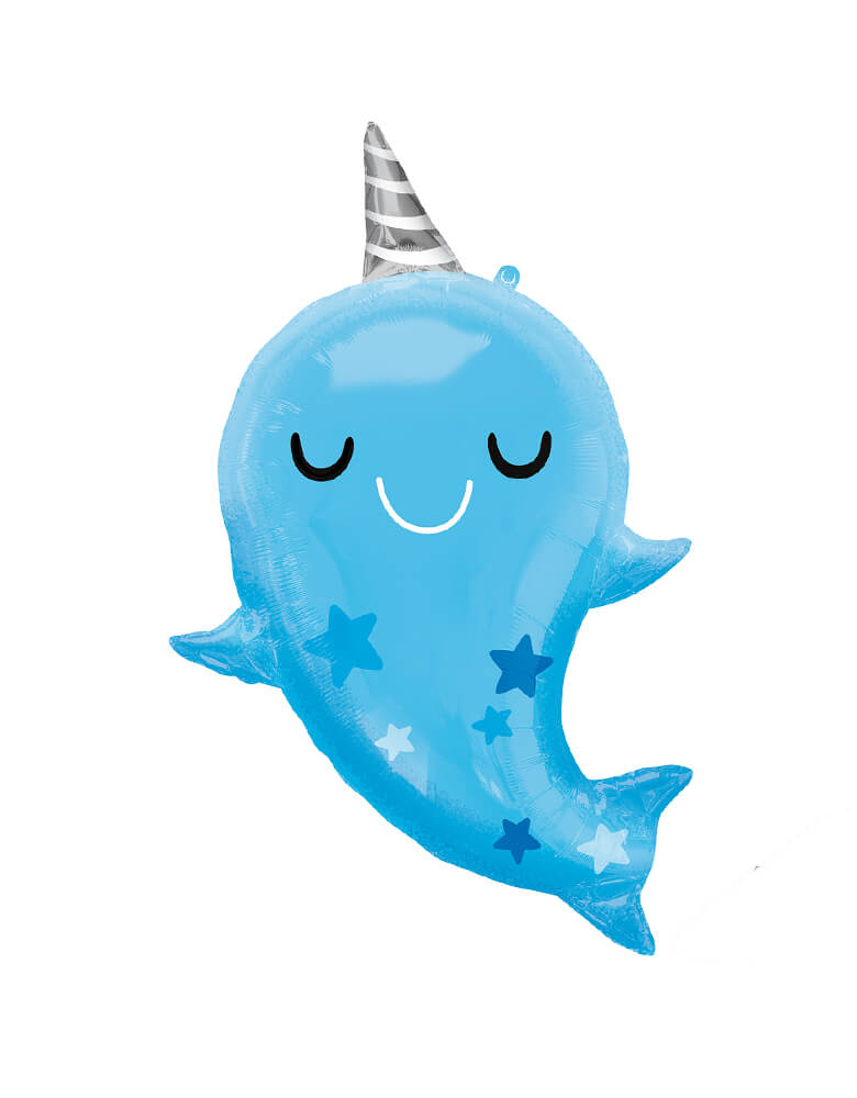 Anagram Balloons - 41551 Narwhal Baby SuperShape™ XL® P35. This 30 inches Baby Narwhal Foil Mylar Balloon baby in a narwhal shape with smiley face and stars on his body,  is perfect for your little one's under the sea celebration, mermaid birthday party or a baby boy shower! 