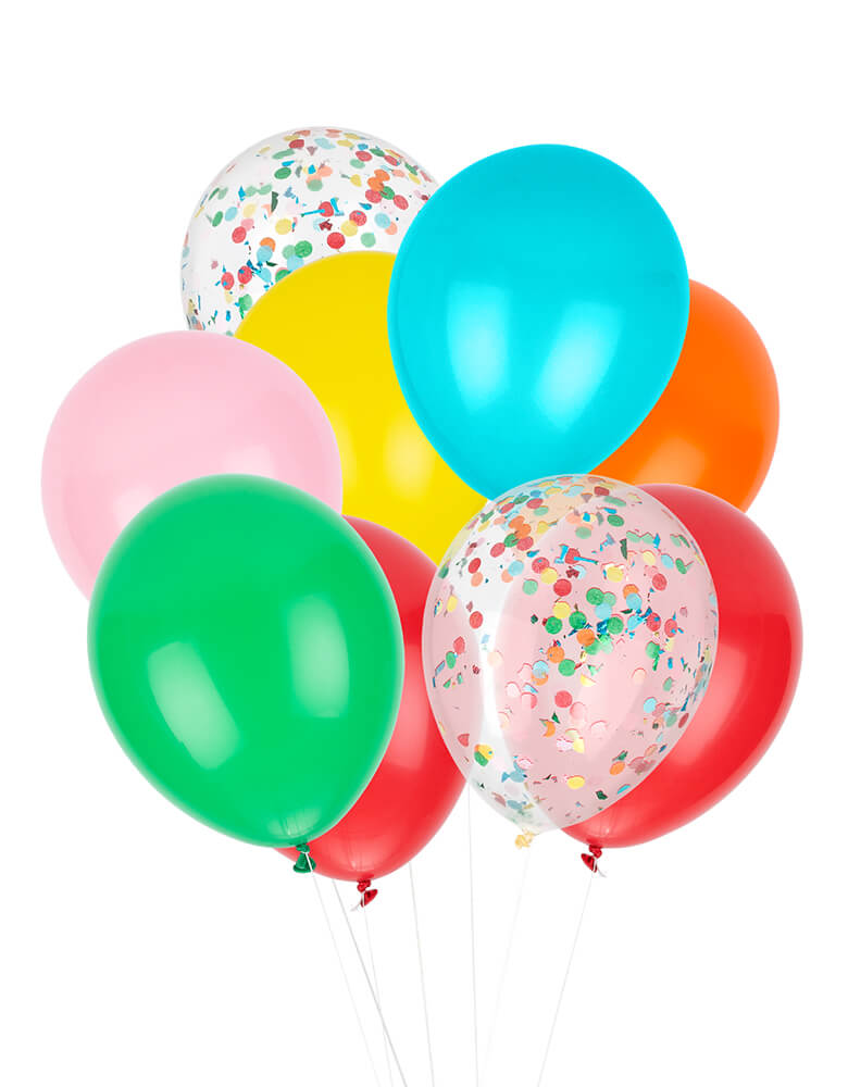 Studio Pep - Back To School Classic Balloon Mix. A perfect combination of red, pink, orange, yellow, spring green and bright turquoise, this balloon mix is great for your back to school party or first day of school celebration!  Set of 12 balloons (9 solid colored balloons + 3 pre-filled confetti balloons), six 11-inch latex balloons with pre-filled confetti.