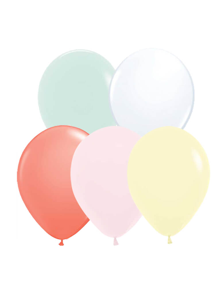 Qualatex Latex Balloons Set of 12, including 3 of each matte pastel mint and matte pastel pink; 2 of each matte pastel yellow, coral and standard white balloons