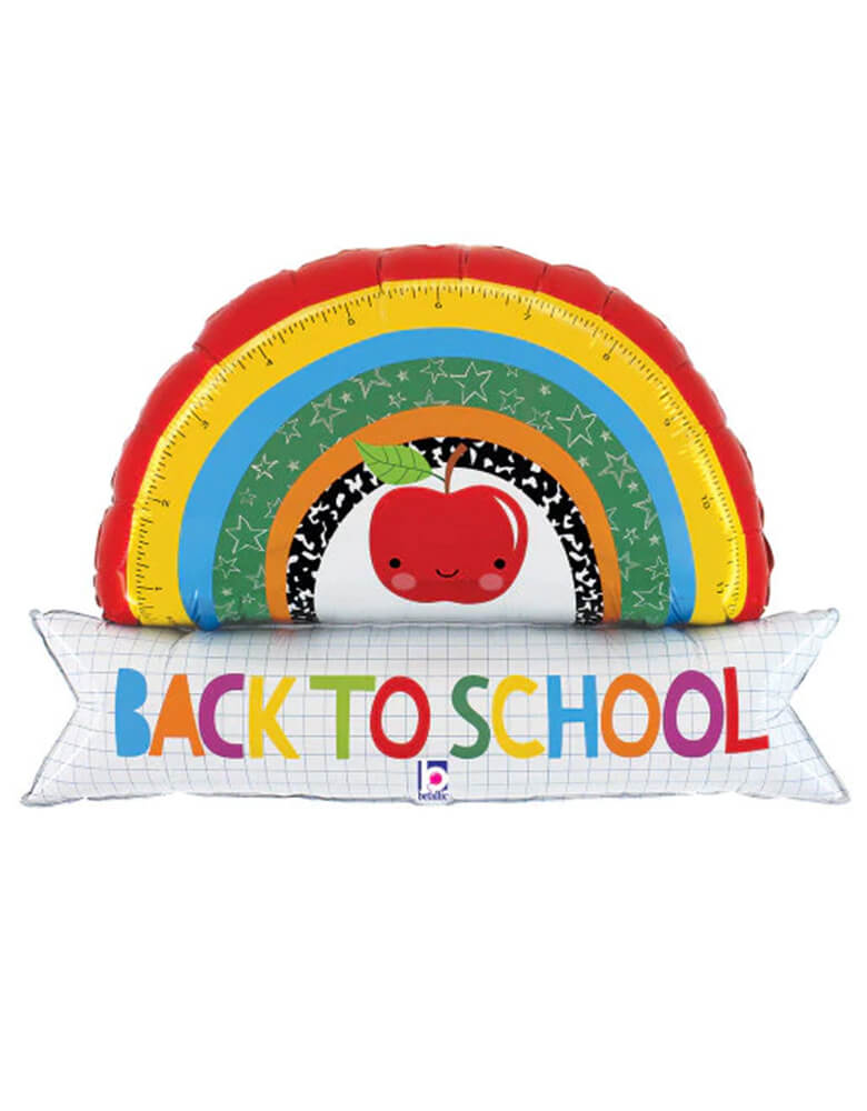 Back To School Rainbow Banner Foil Mylar Balloon by Betallic Balloons. Accent your back to school themed party with this 35" large unique shape Back To School Rainbow Banner foil mylar balloon. Featuring a rainbow banner with ruler, notebook elements with a smiley apple in the middle, a "back to school" text in the bottle banner, This is the perfect balloon for your back to school party