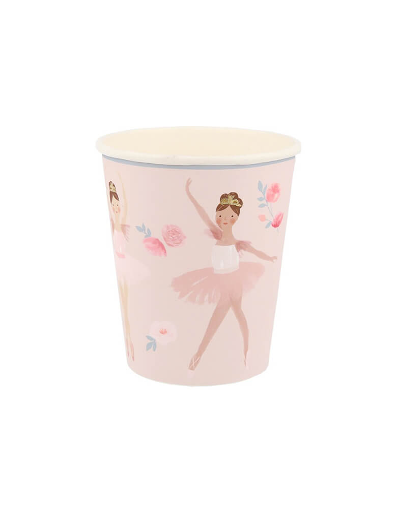 Ballerina Cups by Meri Meri. It features beautiful dancers and flowers graphic with Shiny gold foil details, They will add amazing decor to your Ballerina themed birthday party table, or girl birthday party, princess party or nutcracker party