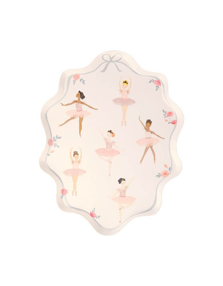 Ballerina Plates by Meri Meri.  Featuring beautiful plate with a wonderful curved border, illustrations of dancing ballerinas and flower, ribbon. They will add amazing decor to your Ballerina themed birthday party table, or dance lovers