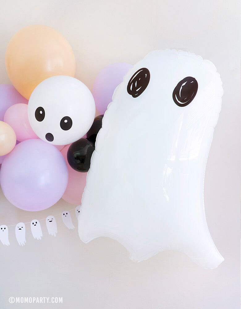 Party Deco - Halloween Ghost Foil Mylar Balloon. This clean look cute white ghost balloon is perfect for kids halloween birthday party, trick-or-treating halloween party, nightmare before Christmas party, witch themed party and all halloween related celebrations