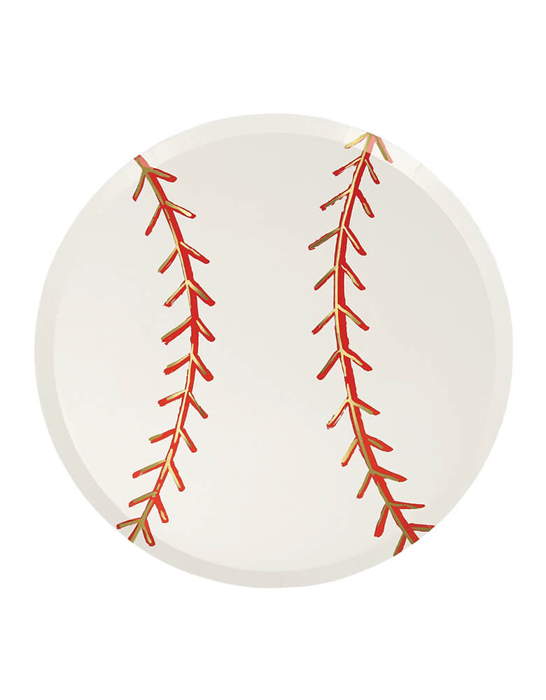 Momo Party's 9.5 x 9.5" baseball shaped round plates by Meri Meri. Crafted in high quality 450 gsm paper with shiny gold foil details, these plates are perfect for a baseball themed party.