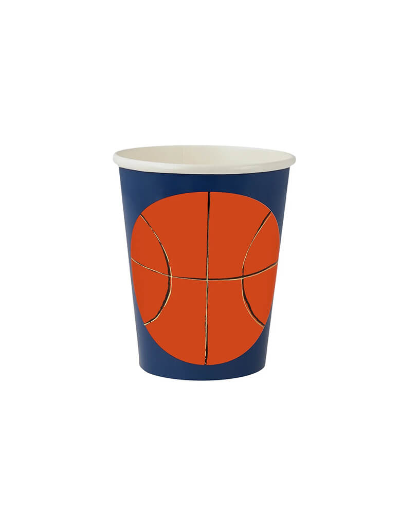Momo Party's 9oz basketball party cups by Meri Meri, comes in a set of 8 party cups in navy blue with basketball illustration on them, they're perfect for kids and adults' birthday parties, post match parties or for a get-together when you're cheering on your favorite team. Ideal for drinks or fill with popcorn or sweet treats.