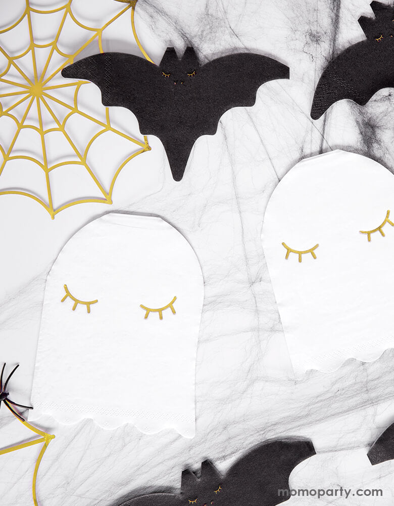 Halloween party Table set up with Party Deco Bat Napkins and Ghost Napkin, Gold Spiderweb Decorations on the marble tabletop. For Kids Not-so-scary Halloween party, hocus pocus party, trick-or-treating party, nightmare before christmas party, spooktacular halloween party and all halloween related celebrations. Find these Morden and high quality party tableware at party online store, party boutique online store, party supplies at momoparty.com