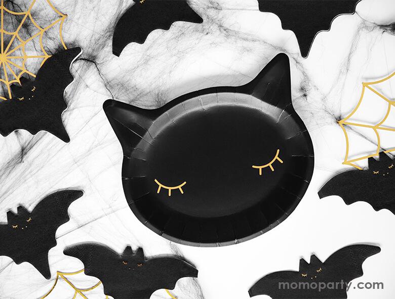 A not-so-spooky Halloween table decorated with Party Deco Black cat Plates, Bat napkins and gold spider web decorations. For Kids Not-so-scary Halloween party, hocus pocus party, trick-or-treating party, black cat halloween, spooktacular halloween party and all halloween related celebrations. Find these Morden and high quality party tableware at party online store, party boutique online store, party supplies at momoparty.com