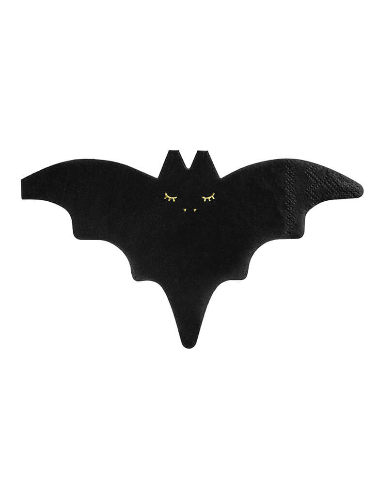 Party Deco Halloween Party Collection - Bat Napkins. Pack of 20. Featuring Open wings Bat shaped napkin in black color with eyes in gold details. These bat napkins with metallic accents are a fantastic way to add a touch of fun and fear to the Halloween table, Halloween party, or superhero batman party