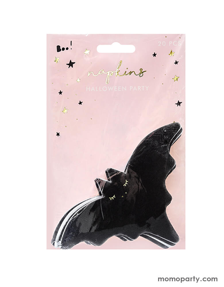 Party Deco Halloween Party Collection - Bat Napkins in the clear package with pink board. Pack of 20. Featuring Open wings Bat shaped napkin in black color with eyes in gold details. These bat napkins with metallic accents are a fantastic way to add a touch of fun and fear to the Halloween table, Halloween party, or superhero batman party