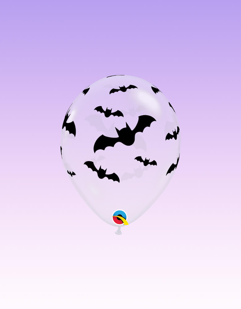 Qualatex Balloons - Bats Clear Latex Balloon over a pink purple background to shows the black bat-printed on clear latex, Adding this latex balloon along with Halloween Balloons or bring the ballon itself to with you for trick-or-treating, or decorating for your halloween party, trick-or-treat Halloween party, Witch Party, Haunted House Birthday Party
