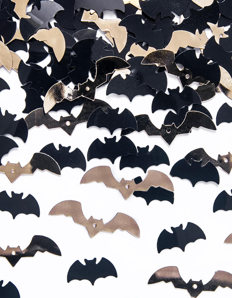 Party Deco Bats Confetti, mixed with confetti in a shape of bat in black and gold. Add some fun to your Halloween party by spreading this set of bats confetti to your halloween table