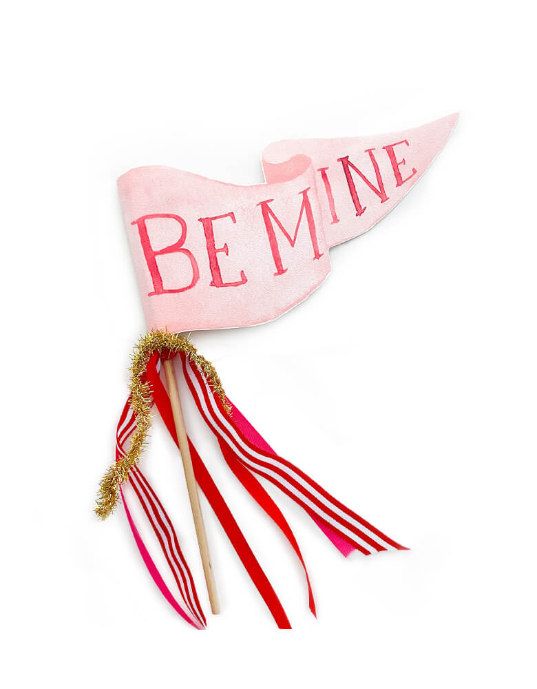 Cami Monet - Be Mine Party Pennant. This Handmade pennant made in United States of America, in Size: 10 x 5 inches. This is made of 120 lb. luxe watercolor texture paper with handwriting "Be Mine" text in watercolor illustration for extra whimsy. With red and red with white stripe and gold mixed Ribbon and sparkle garland. This adorable party pennant is a perfect for a sweet Valentine's Day celebration!