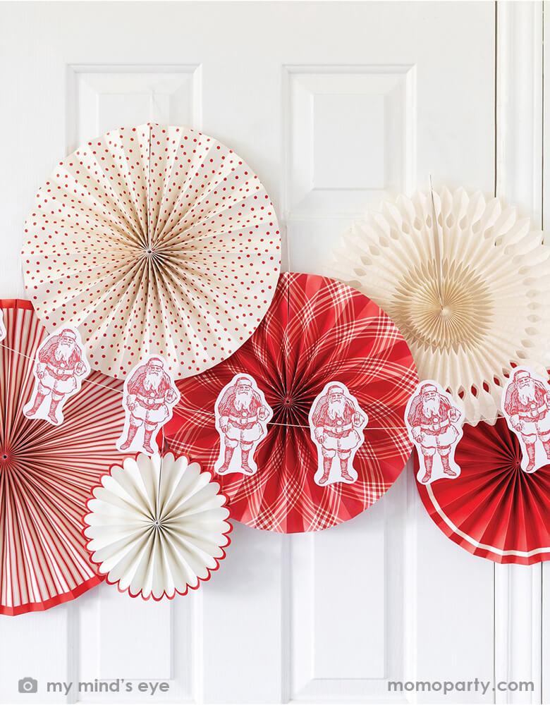 Holiday decoration with My Mind's Eye - BEC802 - BELIEVE PARTY FANS (SET OF 6) and BELIEVE SANTA / FELT CIRCLE BANNER SET. With this 6 fans Double-sided print in red and cream fan set, and Santa banner in a classic illustration style, they are perfect for a cheerful backdrop to your holiday gatherings. decorating them for a cozy mantle, Or hang these bright party fans above your table, simple and modern holiday party decoration for you and your guests will always catch their best side!