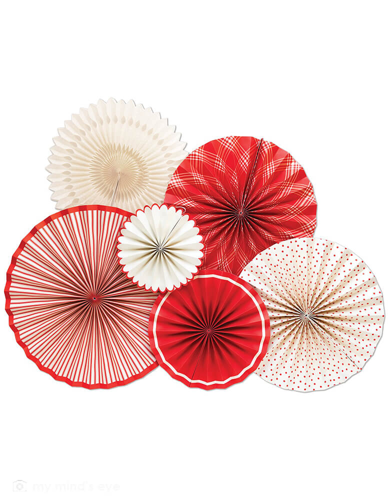 My Mind's Eye - BEC802 - BELIEVE PARTY FANS (SET OF 6). This red and cream fan set is perfect for a cheerful backdrop to your holiday gatherings. Included in this set is 6 fans Double-sided print, that can make decorating cozy mantle in a snap making it the favorite gathering spot this holiday season. Or hang these bright party fans above your table, they are double-sided, so your guests will always catch their best side!