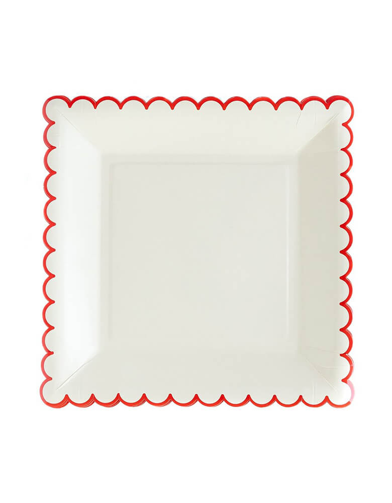 My Mind's Eye - Believe White & Red Scalloped Large Plates. The classic red and light cream color scheme pulls together any Christmas party theme and sets an elegant backdrop for your festive tablescape. The best part of these plates is that there is no washing up after the party, so you are sure to be in bed by the time Santa arrives!