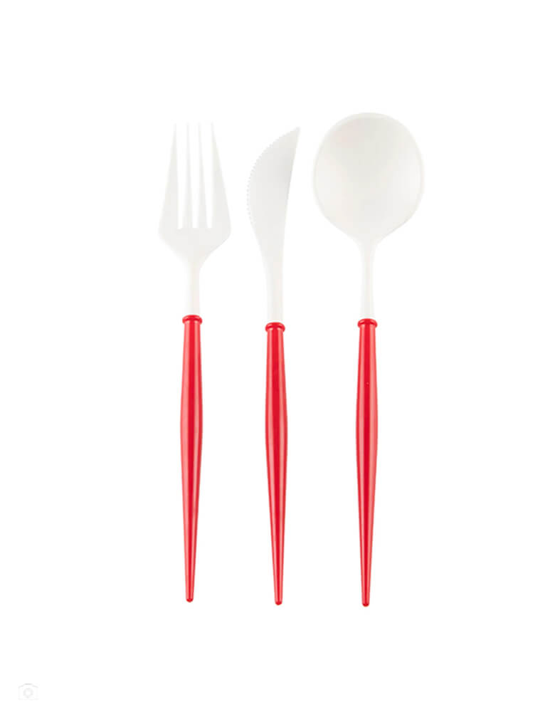 Bella-Red-and-White-Cutlery-Set with high end disposable reusable forks, spoons, and knives