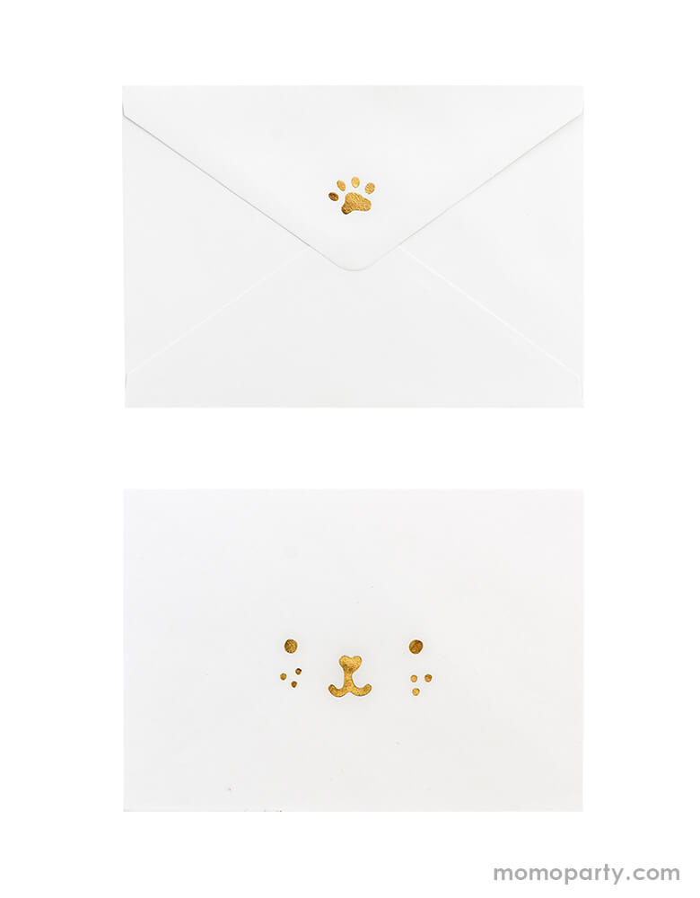 The front and back look of the envelope from Party Deco's Best Friends Bracelets Card Set in which the envelope has an adorable cat face illustration in the front and a cute cat paw print in the back. This adorable card with two kitty cat bracelets comes with a cute envelope. It's perfect for your little one's Valentine's exchange!