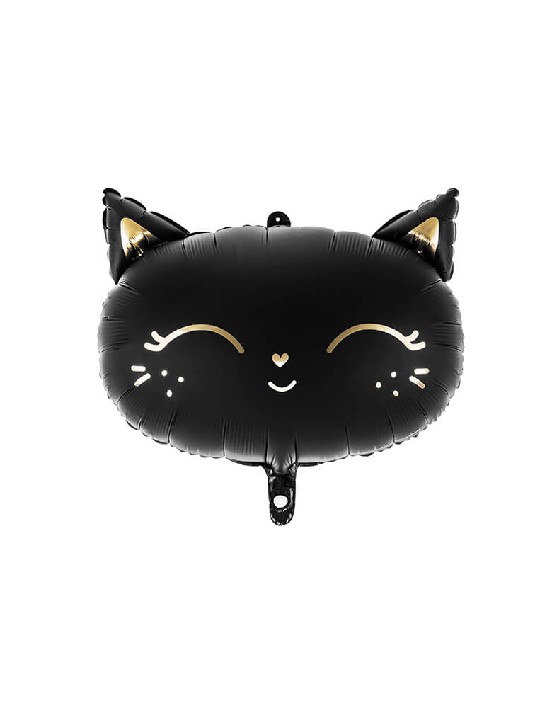 Party Deco - 19 inches Black Cat Foil Balloon. Featuring black cat head shaped foil balloon with a smiley face in gold foil details.