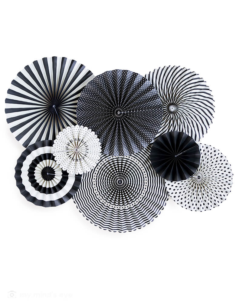 My Mind's Eye - Black and White Party Fans. Set of 8 paper fans in Double-sided print. There are two 17” fans, two 14" fans, two 11" fans and two 8" fans. These black & white party fans are sure to make any event you may be having a stylish one, they match with everything and have a very classic look!