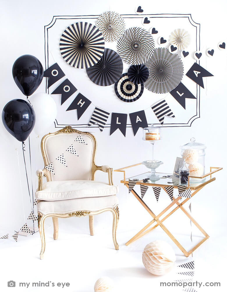 little conner with My Mind's Eye - Black and White Party Fans with Black letter banner spelled "OOH LA LA" and mini heart banner, black latex balloons with white and gold sofa  and table stand, These black & white party supplies are sure to make any event you may be having a stylish one, they match with everything and have a very classic look!