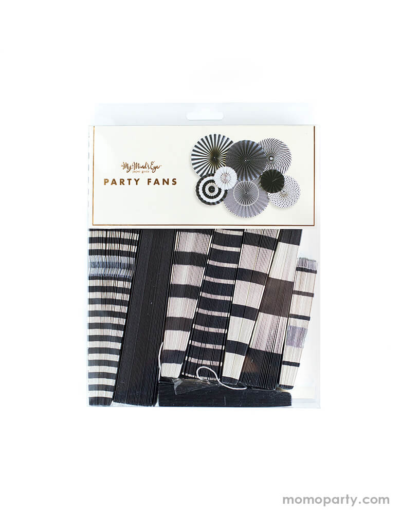 My Mind's Eye - Black and White Party Fans in a clear package. Set of 8 paper fans in Double-sided print. There are two 17” fans, two 14" fans, two 11" fans and two 8" fans. These black & white party fans are sure to make any event you may be having a stylish one, they match with everything and have a very classic look!