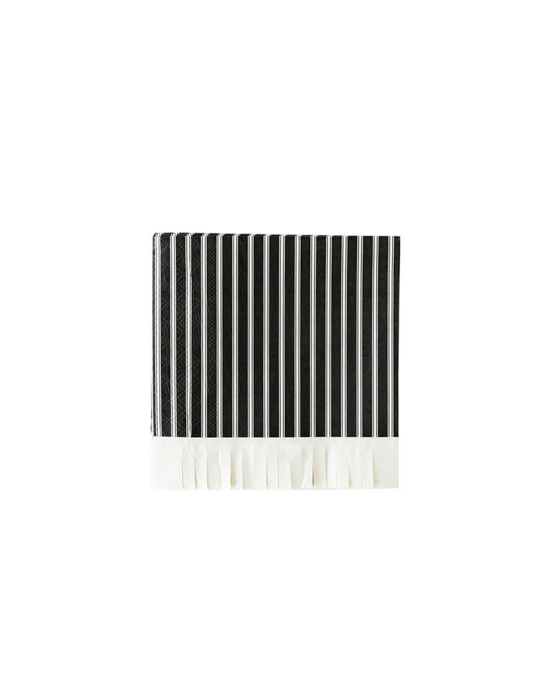 My Mind's Eye 5"x5" black striped small fringe napkins, With a cream and white ticking stripe and a festive fringe edging these party napkins are simple enough to accent any spooky themed party while making spell-binding statement this Halloween