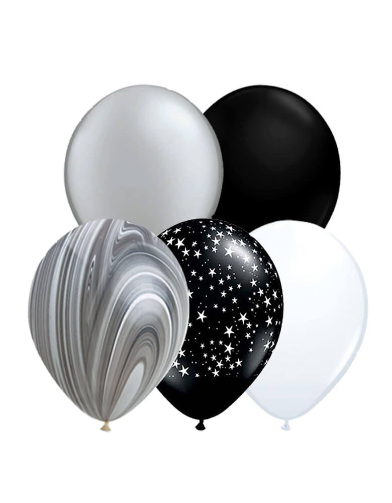 Qualatex 11" Balloon Mix with 4 black balloons; 2 of each silver, white, star printed and black agate balloons for a space or Star Wars Themed party