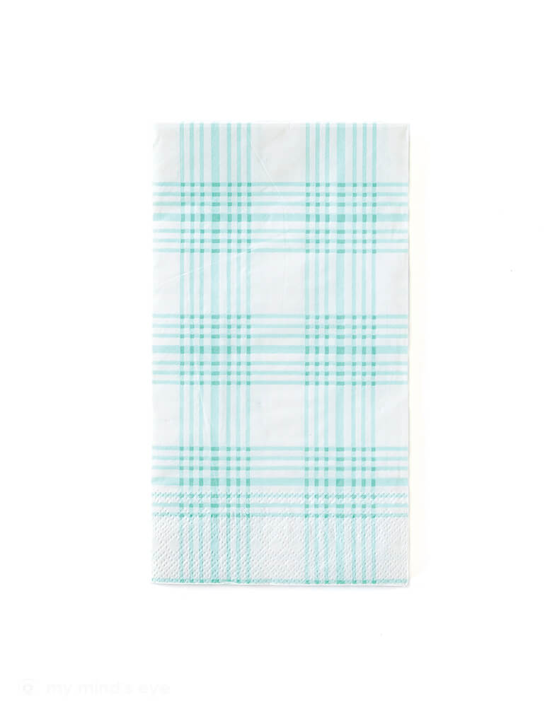 Blue Plaid Guest Towel Paper Napkins by My Mind's Eye. Set of 24. These cream dinner size napkins feature a classic plaid pattern in light blue that make them the perfect supporting character for your soiree. From baby showers, to birthday bashes, these napkins will be there to clean up any of your party mishaps!