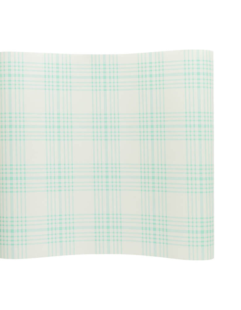 Details of Blue Plaid Paper Table Runner by My Mind's Eye. Size: 16 x 120 inches. Featuring a cream backdrop and pastel blue plaid, this runner is the perfect accent for your table top for your upcoming event