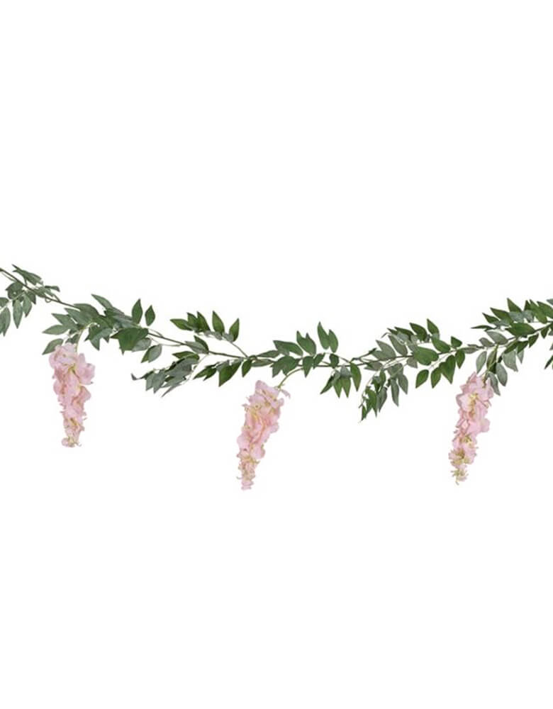 Ginger Ray - Blush Pink and Green Wisteria Foliage Garland. Measuring at 6ft long, this beautiful garland is fully packed with gorgeous wisteria and green foliage, perfect to create a lustful draping foliage look. It's great for a spring gathering, girl's birthday, baby shower or bridal shower!  
