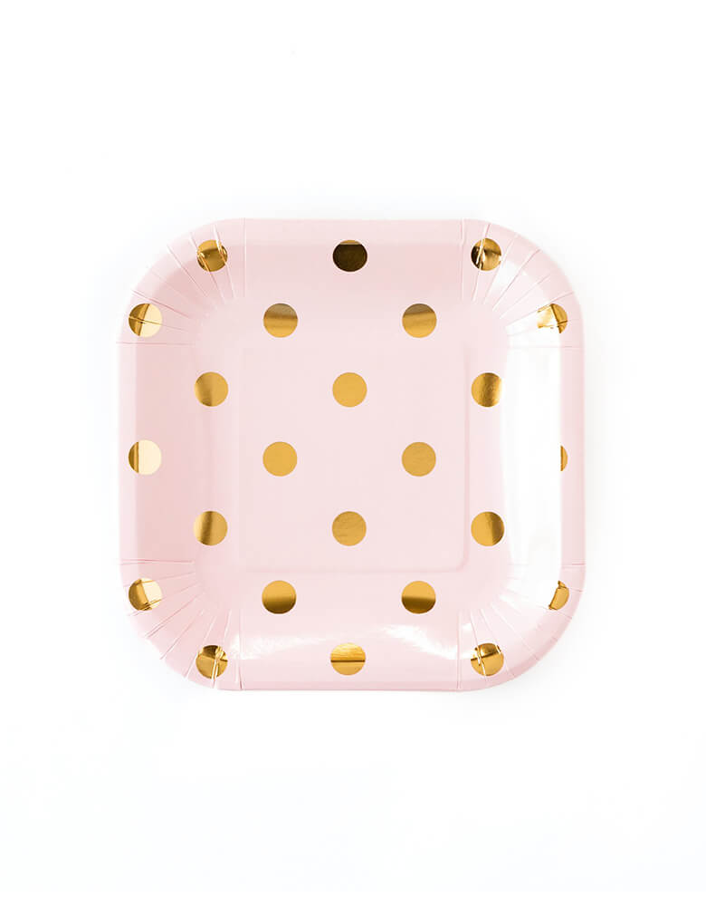 My Minds Eye Blush Polka Dot Plates, 7 inches, Pack of 12.  feature a pink square plate with old foil dots. They are ideal for piling delicious finger foods or appetizers. Great for pink-themed birthday parties and baby showers. 