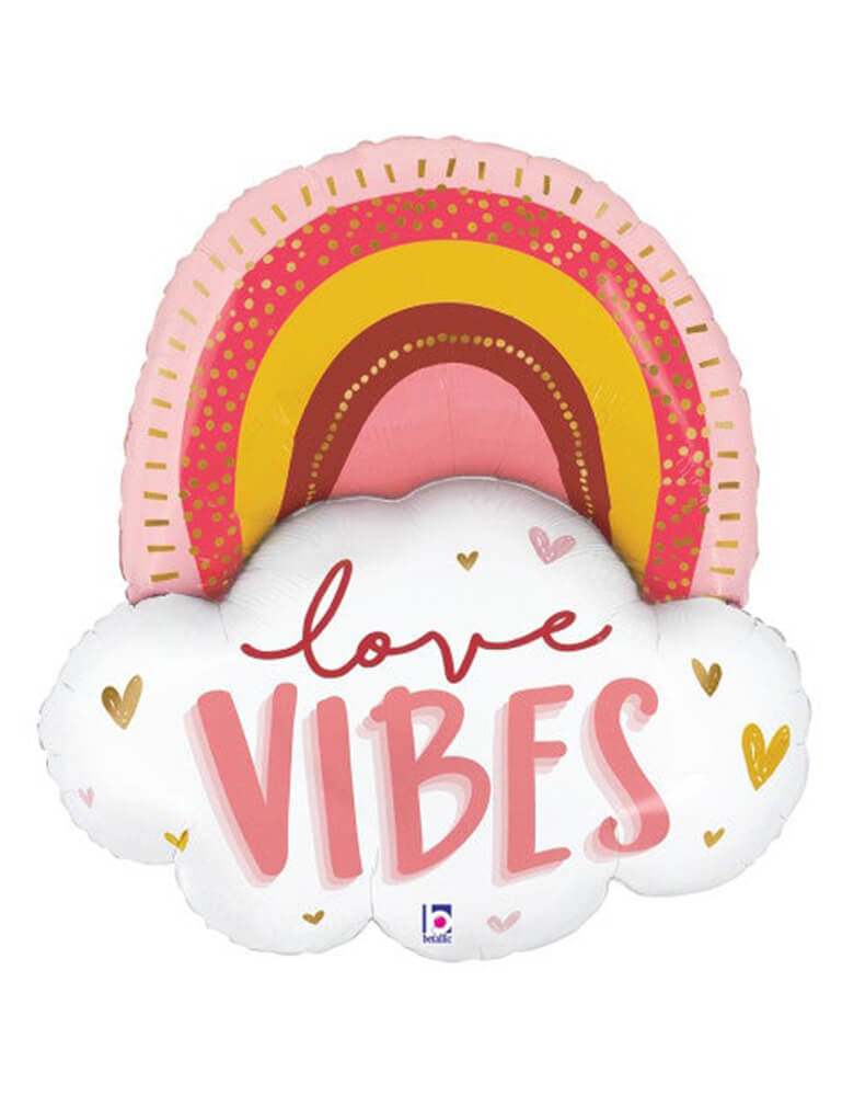 Betallic Balloons - 35 inches Boho Love Vibes Rainbow Foil Balloon. Featuring boho rainbow in pink red color tone with " love vibes" text and gold hearts over the cloud.  Accent your love themed party with this 35" large unique shape Boho Love Vibes Rainbow foil mylar balloon. The perfect balloon for your love party, this 35" Betallic party balloon is great for setting the scene! 