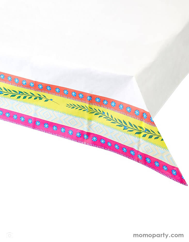 Momo Party's Boho Paper Table Cover by Talking Tables. Sure to be a summer staple, this disposable tablecloth has a bright and colorful boho design along the edge. The perfection disposable table cover for a kids birthday party or summer party.