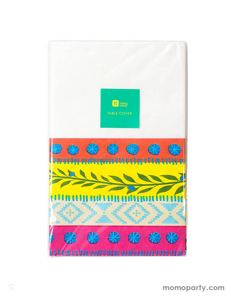 Momo Party's Boho Paper Table Cover by Talking Tables. Sure to be a summer staple, this disposable tablecloth has a bright and colorful boho design along the edge. The perfection disposable table cover for a kids birthday party or summer party.