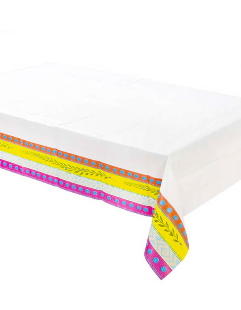 Momo Party's Boho Paper Table Cover by Talking Tables. Sure to be a summer staple, this disposable tablecloth has a bright and colorful boho design along the edge. The perfection disposable table cover for a kids birthday party or summer party.