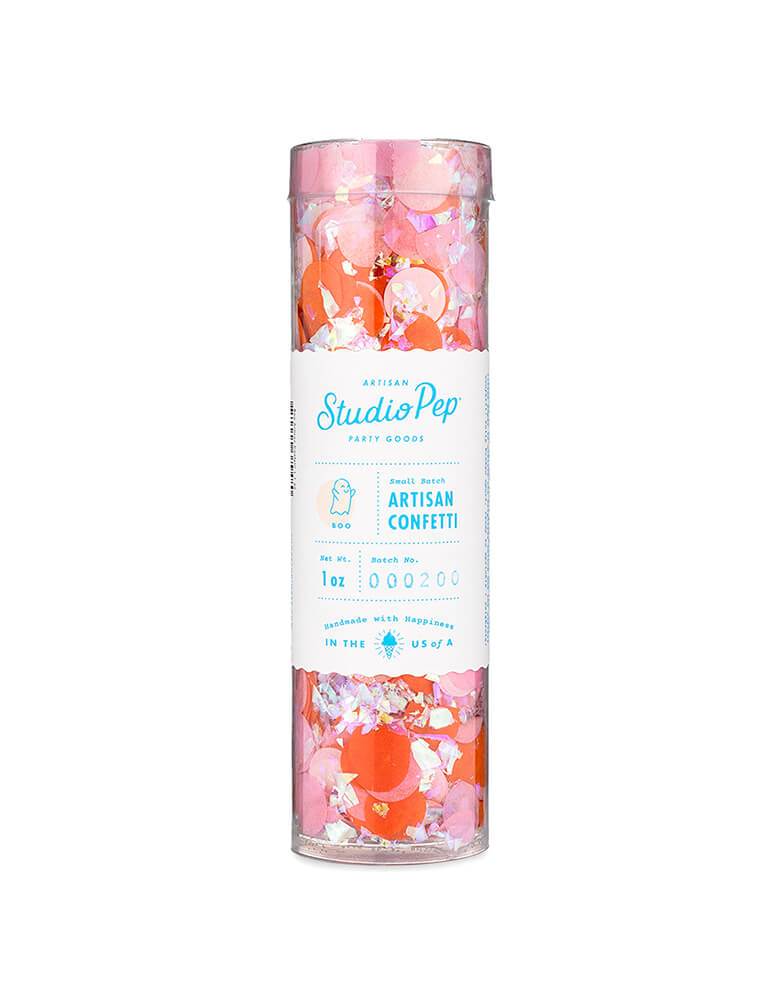Studiopep Boo Artisan Confetti Tube. A perfect combination of orange, pink, light pink and iridescent shred, this tube of confetti is perfect for your Halloween celebration! Pressed from American-made premium tissue paper.  