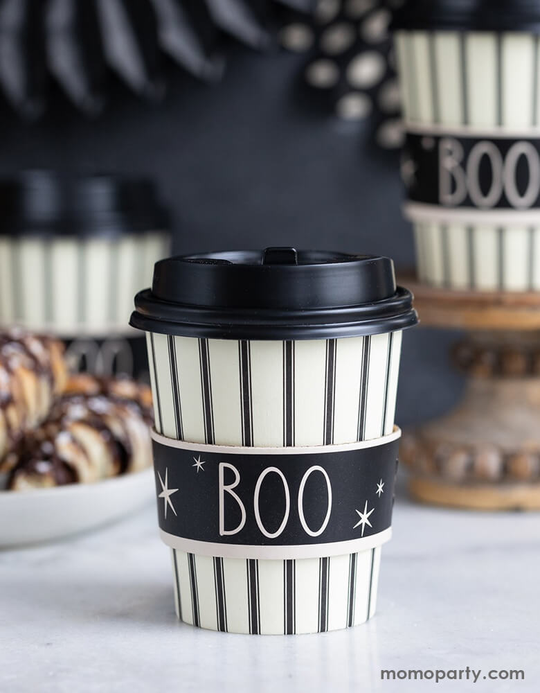 My Mind's Eye - PLLC357- BOO TO-GO COZY CUPS 8 oz coffee cups with sleeves and lids, this halloween To-Go Cozy Cups featuring modern black stripes with sleeve in black print with "BOO" text, super fun and modern coffee cups for halloween season
