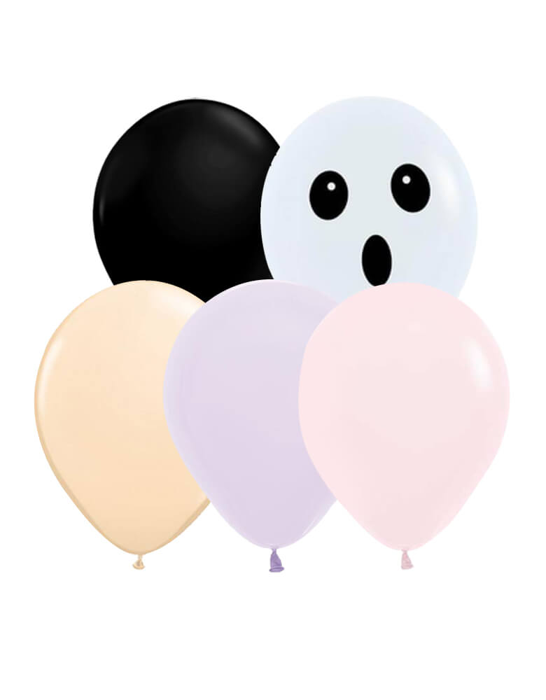 Momo party Halloween Boo To You Halloween Latex Balloon Mix. Set of 12, including matte pink, matte lilac, blush, black and ghost face balloons. Qualatex latex balloon,  made in USA