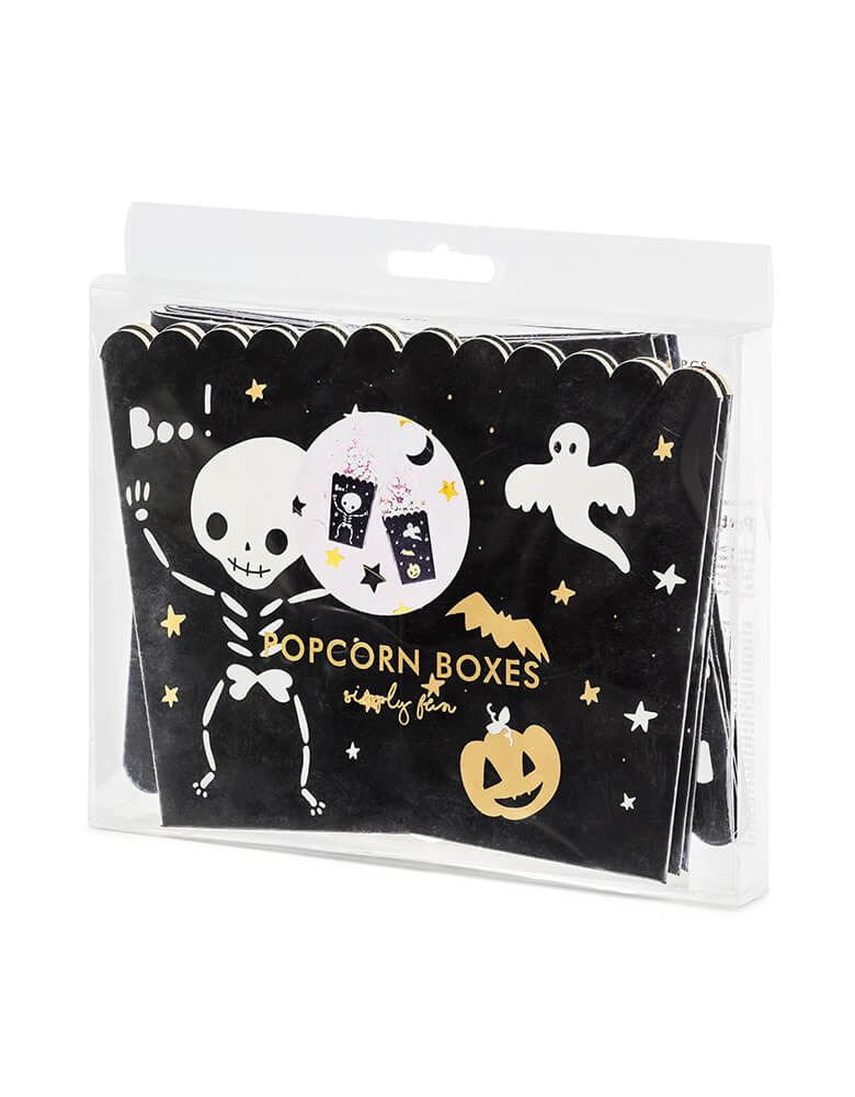 Party Deco Boo Treat Favor Box with packaging. These cute halloween popcorn boxes Feathering cute black box with cute skeleton, Boo! ghost and gold pumpkin and bat design. These treat boxes are simply boo-riffic! Great for party treats like candies, popcorns and more. Or use them as favor boxes with goodies to send your little ghost home!