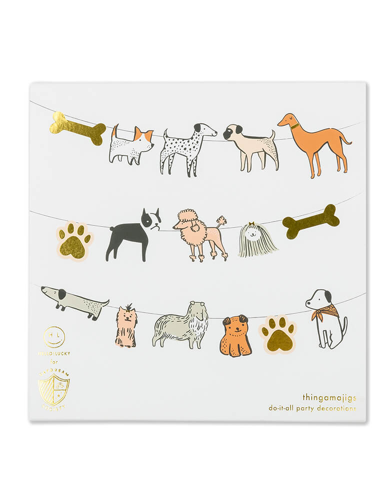 Bow Wow Dog Garland from Jollity & Co Party Boutique - Daydream society- Bow Wow collection. Featuring variety breed of dogs in morden illustrations with a warm neutral color palette and gold foil elements, Each set comes with 16 die-cut pieces for do-it-all party decorations! String them together to make a garland, attach them to balloons, hang them on the wall... you decide! They are definitely best decoration for a pet lover party, dog party, pets themed birthday party!