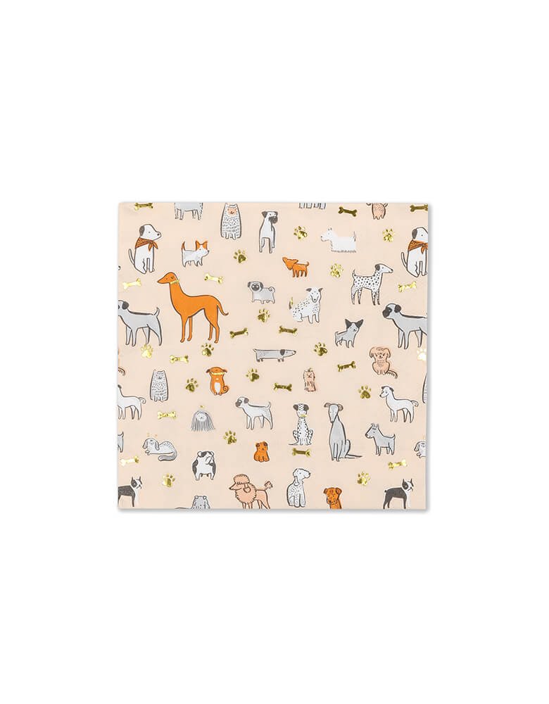 Bow Wow Large Napkins  from Jollity & Co Party Boutique - Daydream society- Bow Wow collection. Featuring variety breed of dogs in morden illustrations with a warm neutral color palette and gold foil elements, these puppy dog large napkins are definitely best for a pet lover party, dog lover party, pets party!