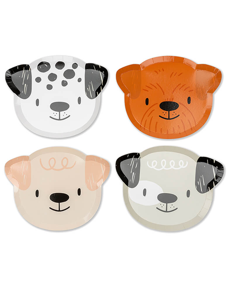Bow Wow Dog Large Plates from Jollity & Co Party Boutique - Daydream society- Bow Wow collection. Featuring cute dogs head shaped paper plates of 4 designs in morden illustrations with a warm neutral color palette, Set of 8, 2 of each design! They are definitely best decoration for a pet lover party, dog party, pets themed birthday party!