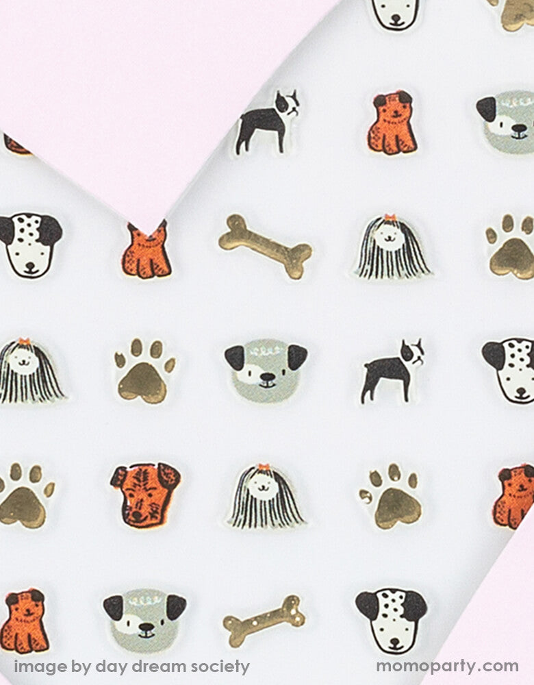 Close up details of Bow Wow Dog Nail Stickers from Jollity & Co Party Boutique - Daydream society- Bow Wow collection. Featuring variety breed of dogs and dog paws in morden illustrations with some gold foil elements, these puppy dog nail stickers are definitely best gift and party activities for your little dogs lover in a pet lover party, dog party, pets party or pet themed birthday party!