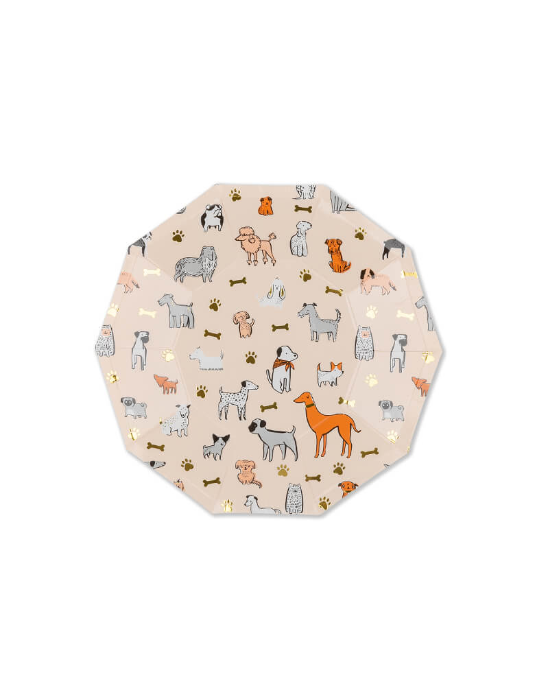 Bow Wow Dog Small Plates from Jollity & Co Party Boutique - Daydream society- Bow Wow collection. Featuring variety breed of dogs and dog paws in modern illustrations with a warm neutral color palette and gold foil elements, these puppy dog Small Plates are definitely best for a pet lover party, dog lover party, pets party!