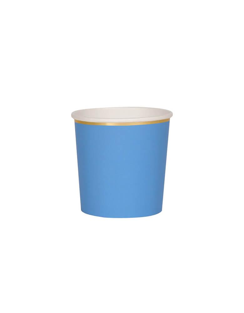 Momo Party's Bright Blue Tumbler Cups by Meri Meri. Made from high-quality card with a superb gloss finish, suitable for hot or cold drinks.These practical yet stylish bright blue tumbler cups, with a shiny gold foil border, are perfect to serve party drinks to glamorous guests