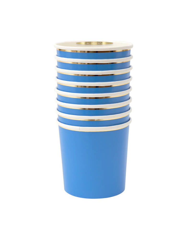 Momo Party's Bright Blue Tumbler Cups by Meri Meri. Set of 8, Made from high-quality card with a superb gloss finish, suitable for hot or cold drinks.These practical yet stylish bright blue tumbler cups, with a shiny gold foil border, are perfect to serve party drinks to glamorous guests