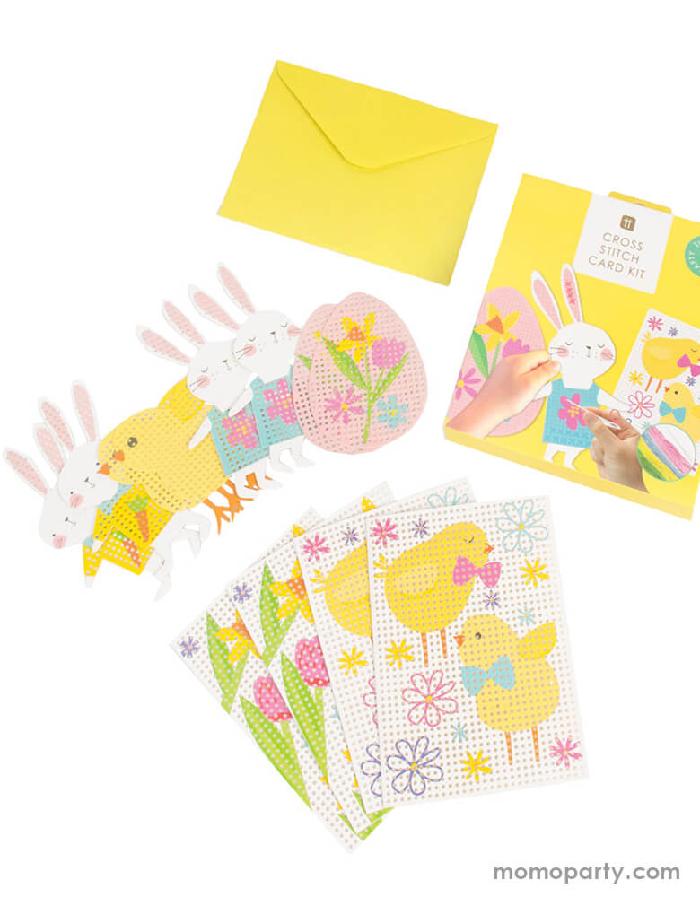Talking Tables - Bunny Cross Stitch Arts and Crafts Card Kit. Each pack cab make 12 Easter cards. 4x Pre-Punched Card Patterns, 8x Pre-Punched Easter Characters, 12x Envelopes, 4x Plastic needles and pink, blue, yellow and green embroidery thread